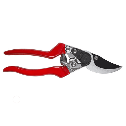 Left-handed pruner with red handles, black grip, and silver cutting blades