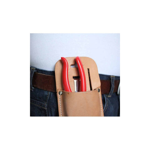 Brown leather belt holster with loops, holding red-handled tools