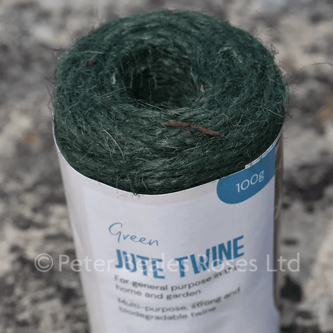 Green jute twine spool 100g, close-up top view with label