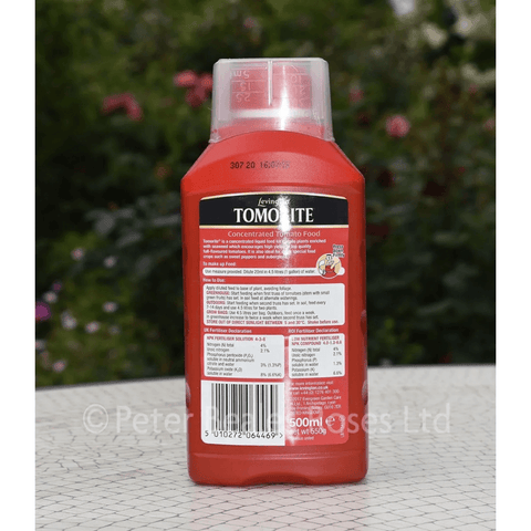 Red tomato food liquid bottle, 500 ml, back label with ingredients and directions