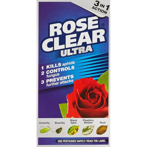 Rose Clear Ultra 200 ml plant insecticide box, front panel with 3-in-1 action