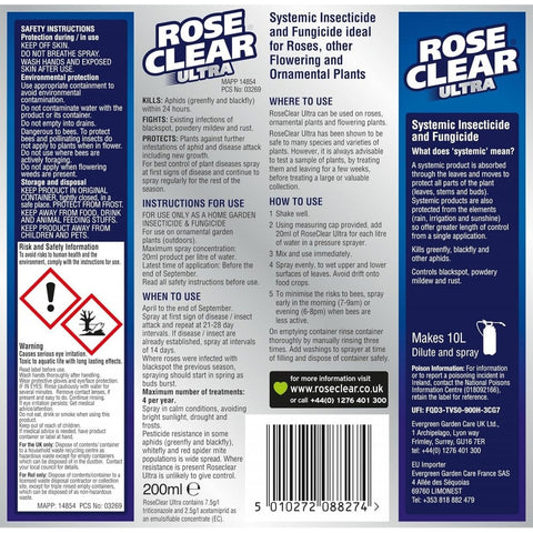 Rose Clear Ultra 200 ml insecticide box, back label with use and safety instructions