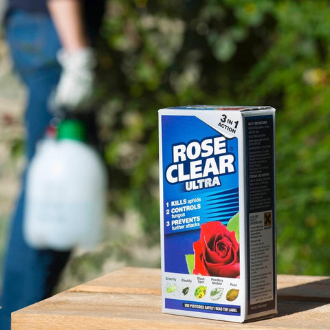 Rose Clear Ultra 200 ml insecticide concentrate box with rose graphic and 3-in-1 badge