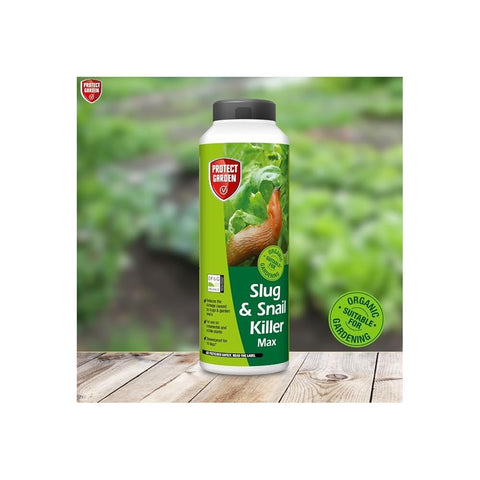 Slug & snail killer Max 800G bottle with green Protect Garden label and shield