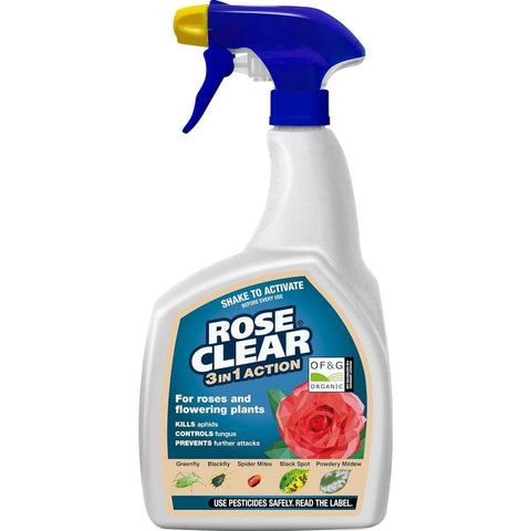 Rose Clear 3-in-1 ready-to-use garden spray bottle with blue trigger and label