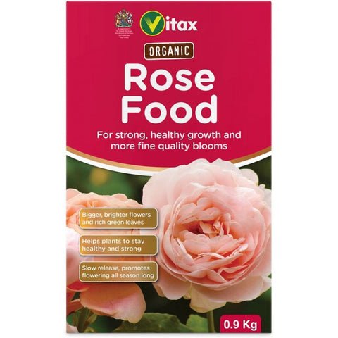 Organic rose food fertilizer box, maroon with pink roses and Vitax logo