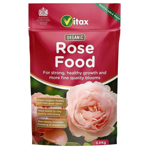 Organic rose food fertilizer bag, maroon with pink rose and Vitax logo