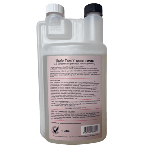Uncle Tom's ROSE TONIC rose tonic bottle, 1 litre, back label with usage info