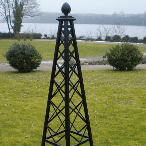 Black metal pyramid garden obelisk with diamond lattice and finial top